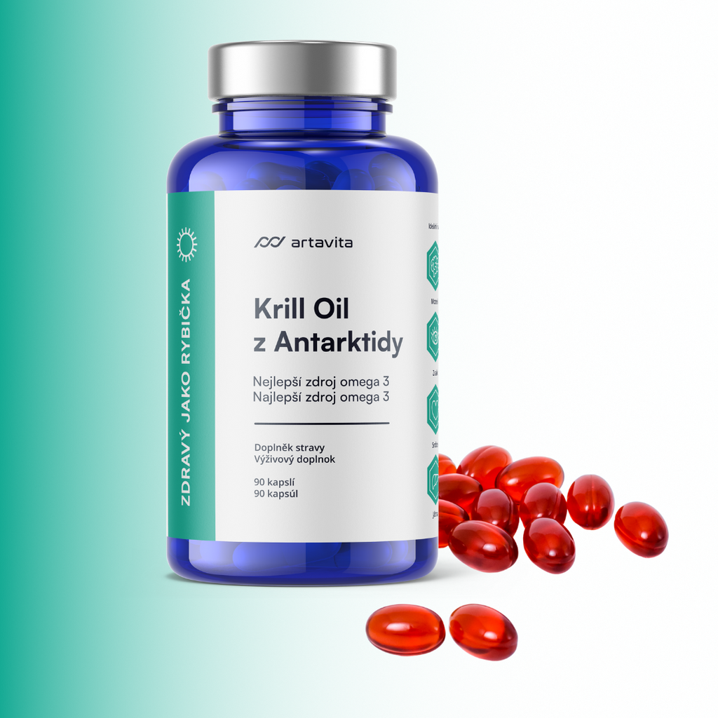 Produkt krill oil s rozsypanými tabletami